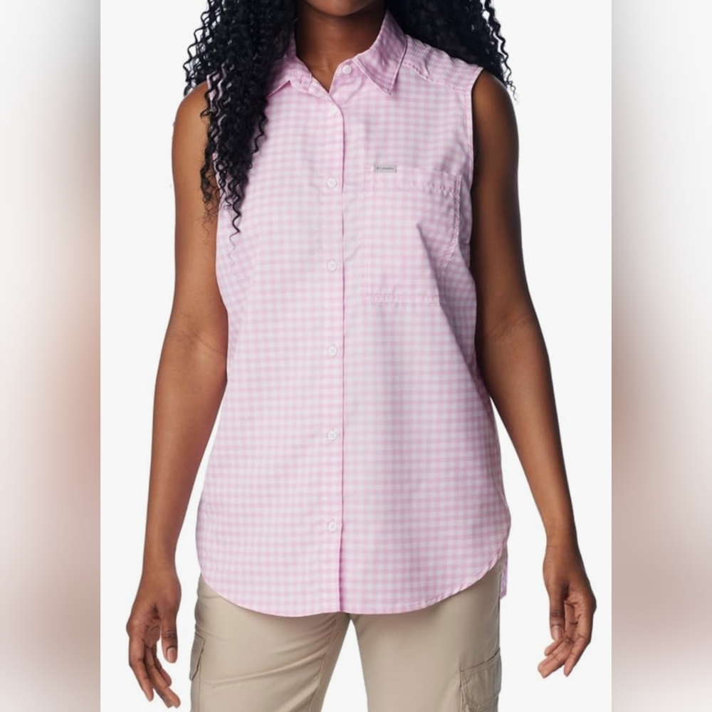 COLUMBIA Anytime Lite Sleeveless Shirt - Pink Gingham - Size S (NWT)